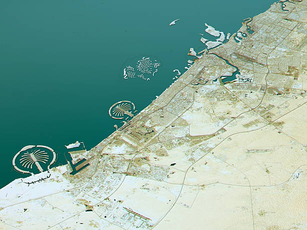 Dubai Topographic Map 3D Landscape View Natural Color 3D Render of a Topographic Map of Dubai, U.A.E., Middle East, Persian Gulf. dubai island stock pictures, royalty-free photos & images