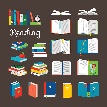 Reading book vector cartoon icons set. School and hand books, library books stack vector illustration