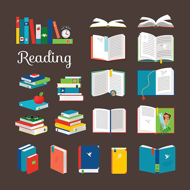 Reading book vector cartoon icons set Reading book vector cartoon icons set. School and hand books, library books stack vector illustration cartoon of bird with glasses stock illustrations