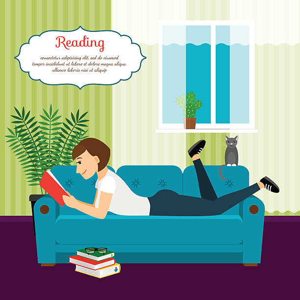 ilustrações de stock, clip art, desenhos animados e ícones de woman with book on sofa - woman with glasses reading a book