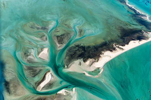 Multi Colored Tidal Water Channels Transforming the White Sand Banks Aerial view of Multi Colored Tidal Water Channels Transforming the White Sand Banks on a Sunny Day at Shark Bay Western Australia canal photos stock pictures, royalty-free photos & images