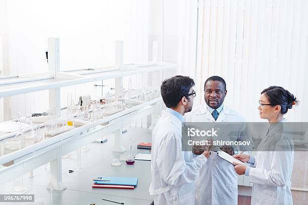 Scientific Discussion In Laboratory Stock Photo - Download Image Now - Laboratory, Scientist, Research