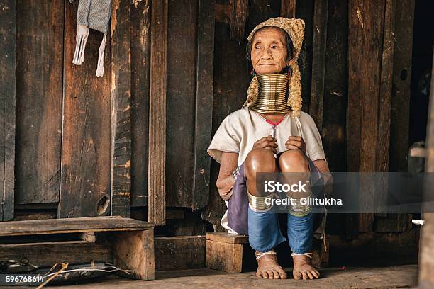 Traditional Padaung Woman From Myanmar Stock Photo - Download Image Now - Padaung Tribe, Myanmar, Village