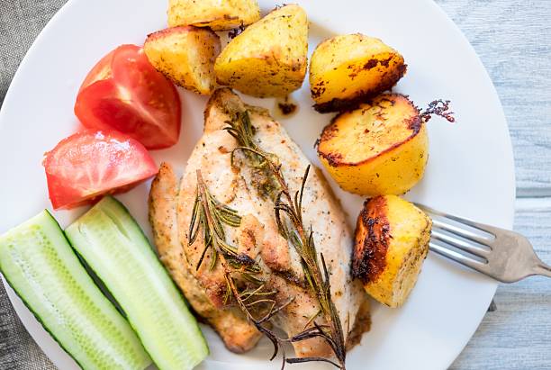 istock Baked chicken with vegetables on a plate 596768662