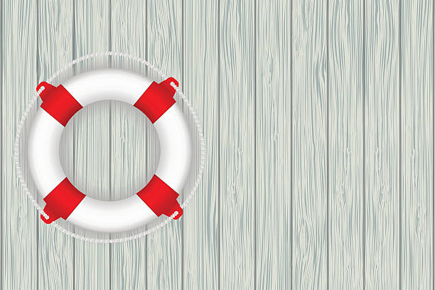 ilustraciones, imágenes clip art, dibujos animados e iconos de stock de lifebuoy sobre fondo de madera  - inflatable equipment assistance backgrounds