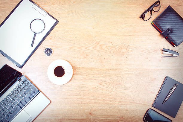 istock Office desk,Working on a Wooden Table 596769134