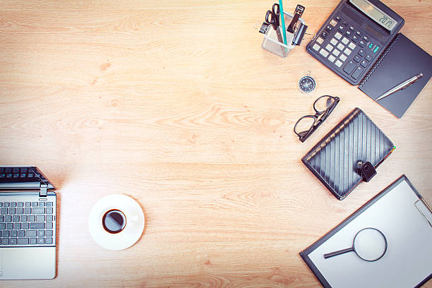 istock Office desk,Working on a Wooden Table 596769478