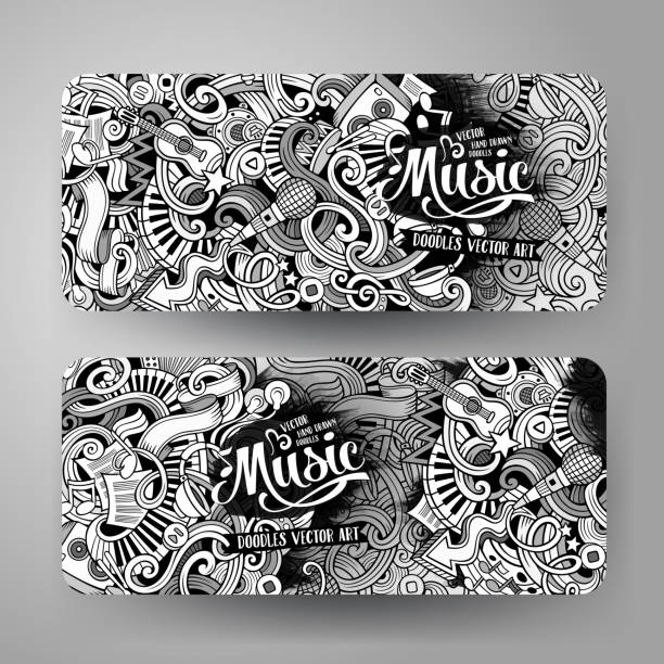 Cartoon hand-drawn doodles Musical banners Cartoon line art vector hand drawn doodles music corporate identity. 2 Horizontal banners design. Templates set microphone borders stock illustrations