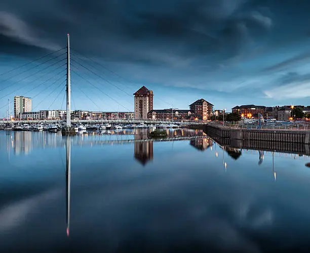 Evening at the River Tawe and the Millennium bridge in Swansea