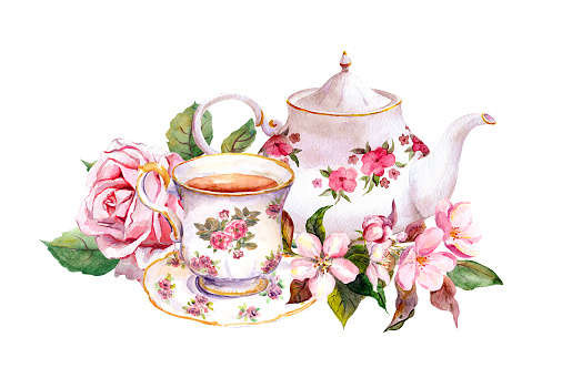 Tea cup and tea pot with flowers. Vintage card. Watercolor