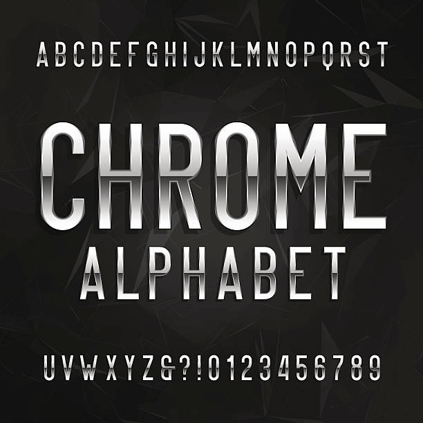 Chrome alphabet font Chrome alphabet font. Metallic effect letters and numbers on a dark polygonal background. Vector typeface for your design. chrome stock illustrations