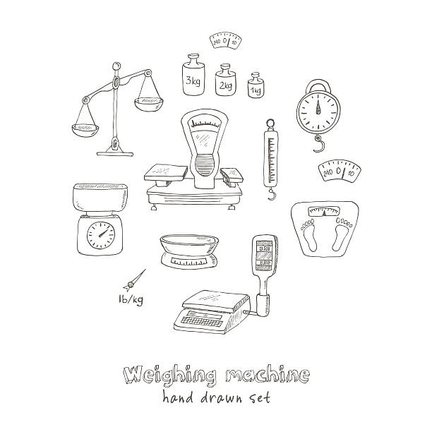 doodle weighing machine set tools vector - tartı illüstrasyonlar stock illustrations