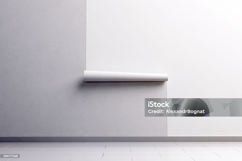 Fondo de pantalla blanco en blanco colgando en la pared, maqueta de diseño - Foto de stock de Papel de pared libre de derechos