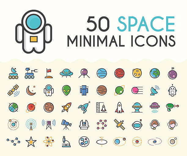 ilustrações de stock, clip art, desenhos animados e ícones de set of 50 minimalistic solid line coloured space icons. - rocket earth planetary moon sky