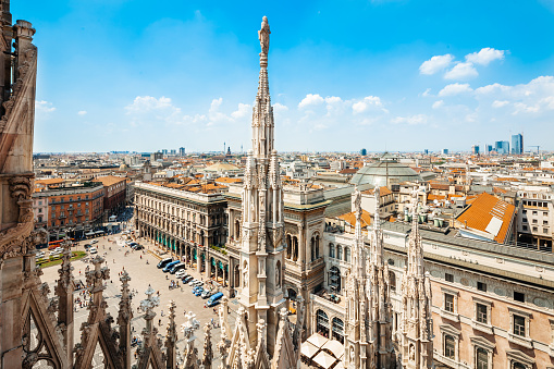 Aerial view of the Piazza del Duomo with Galleria Vittorio Emanuele II in Milan, Italy. 