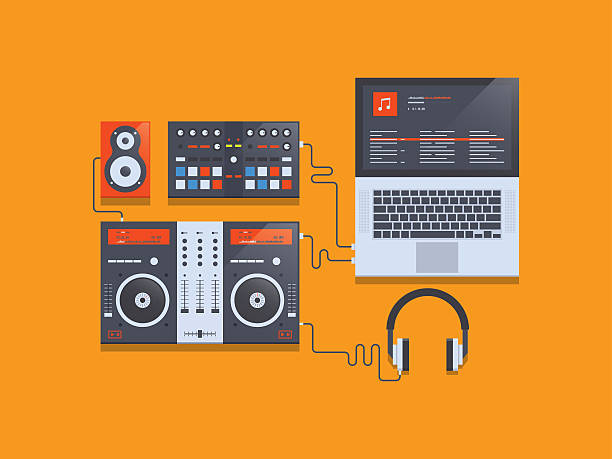 DJ music mixer equipment, DJ workplace DJ music mixer equipment, DJ workplace dj decks stock illustrations