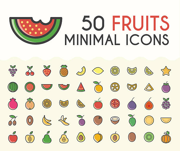 ilustraciones, imágenes clip art, dibujos animados e iconos de stock de conjunto de 50 iconos minimalistas de frutas de colores de línea sólida. - kiwi vegetable cross section fruit