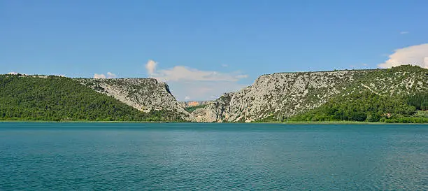The landscape near Visovac Island in the River Krka in Krka National Park, Sibenik-Knin County, Croatia.