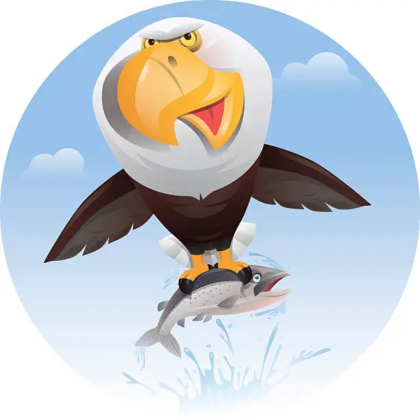Vector illustration of bald eagle catching salmon