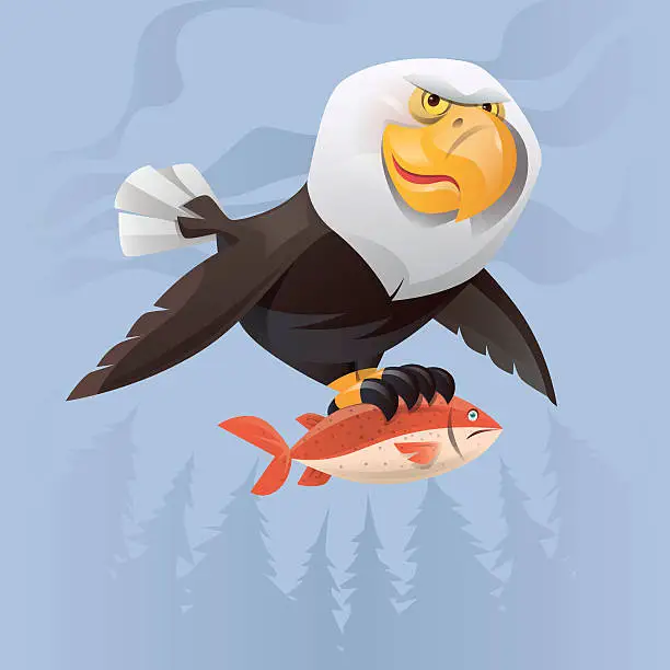 Vector illustration of bald eagle catching fish