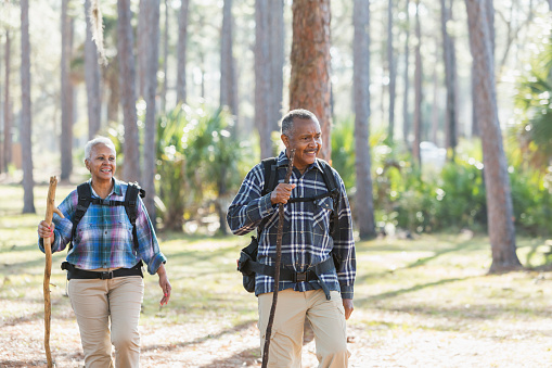 An African American senior couple hiking through the woods. They are wearing pants and plaid shirts, carrying walking sticks and backpacks.