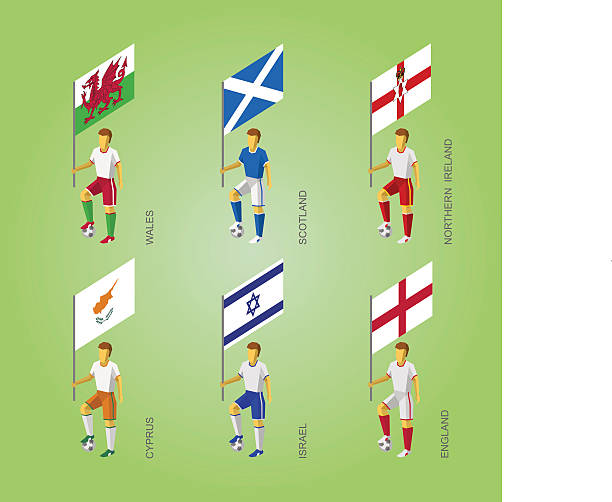 Footbalers with flags: Cyprus, Israel, England, Wales, Northern Ireland, Scotland Set of isometric football players with flags. Europe soccer infographics icons. 3D standard bearers of Cyprus, Israel, England, Wales, Northern Ireland, Scotland. welsh flag stock illustrations