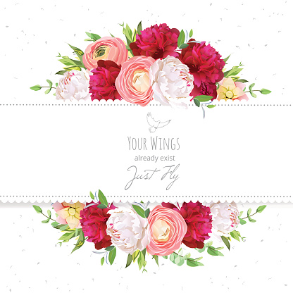 Burgundy red and white peonies, pink ranunculus, rose vector design frame. Natural card with dotted backdrop. Delicate floral background. All elements are isolated and editable.