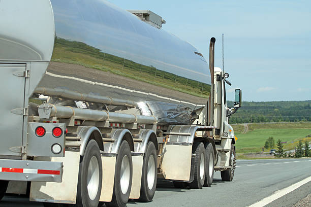 Semi Tanker Truck Transporting Milk To A Dairy stock photo