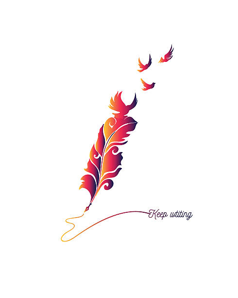 Keep writing quote made with feather Keep writing quote made with feather and flying birds. Inspiration picture for writers. cursive letters tattoos silhouette stock illustrations