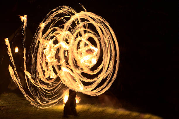 istock Long exposure shot of moving burning torches and fire 596788348