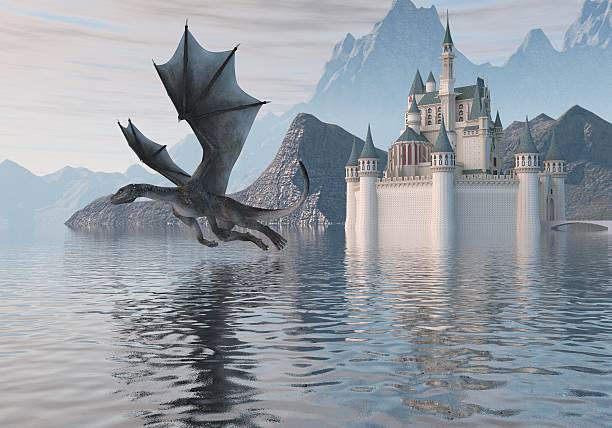 istock Of A Castle On The Water And Dragon 596788904