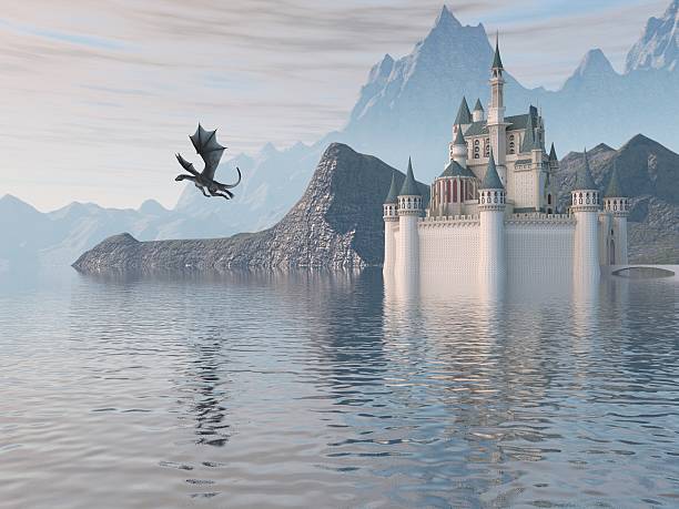istock Of A Castle On The Water And Dragon 596789116