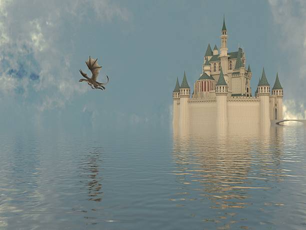 istock Of A Castle On The Water And Dragon 596789288