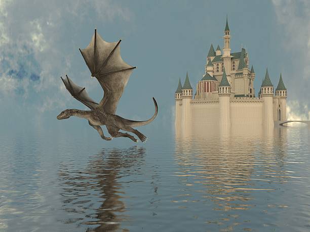 istock Of A Castle On The Water And Dragon 596789470