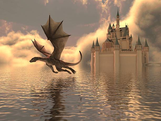 istock Of A Castle On The Water And Dragon 596789780