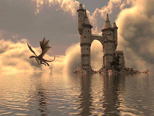 istock Of A Castle On The Water And Dragon 596790062