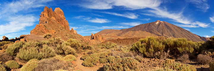 Rock formations at Roques de Garcia in the Teide National Park on Tenerife, Canary Islands, Spain. Photographed on a sunny morning.