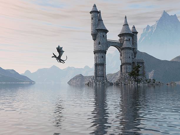 istock Of A Castle On The Water And Dragon 596790320