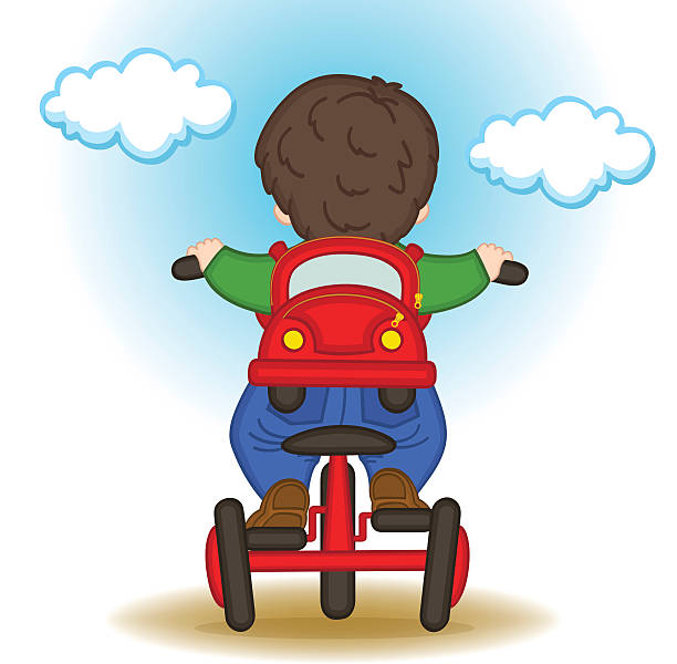 illustrations, cliparts, dessins animés et icônes de garçon avec sac à dos sous forme de promenades en voiture à vélo - enfants derrière voiture vacance