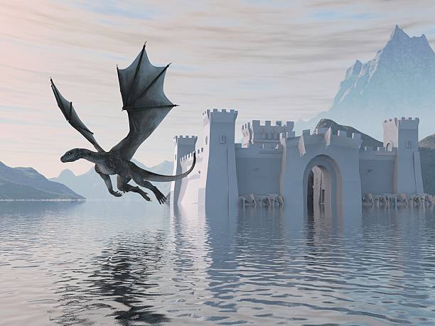 istock Of A Castle On The Water And Dragon 596790556