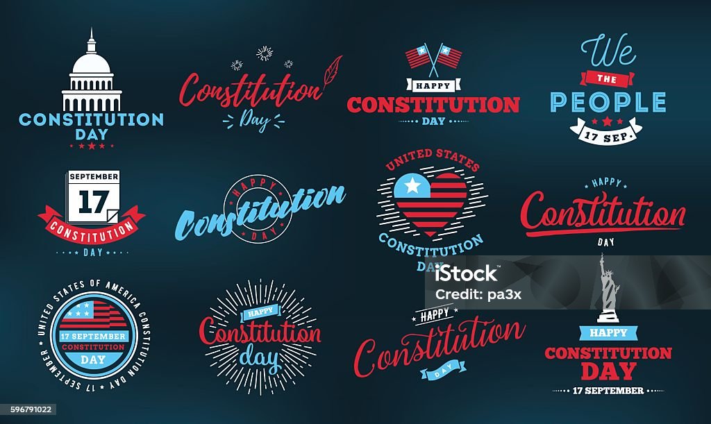 USA constitution day. 17 september. USA constitution day emblems set. 17 september. Isolated vector elements. Logo and calligraphy design. Usable for greeting cards, posters, banners. American Culture stock vector