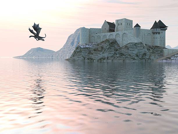 istock Of A Castle On The Water And Dragon 596791276