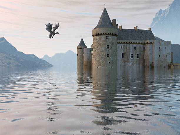 istock Of A Castle On The Water And Dragon 596791558