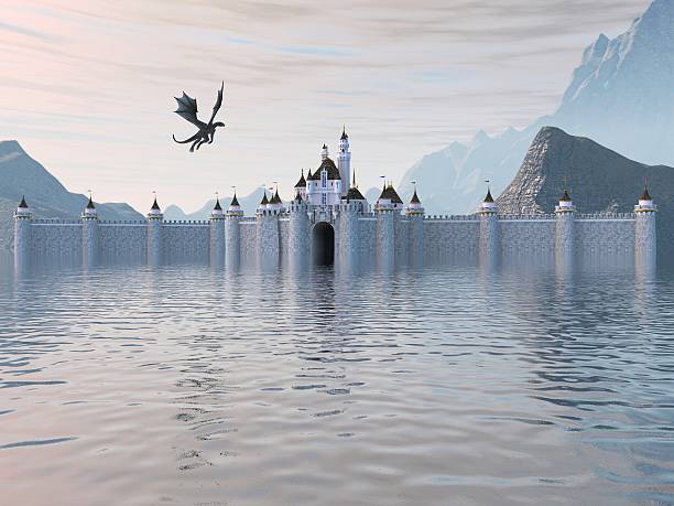 istock Of A Castle On The Water And Dragon 596791888