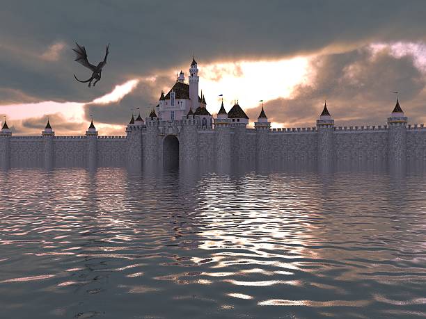 istock Of A Castle On The Water And Dragon 596792274
