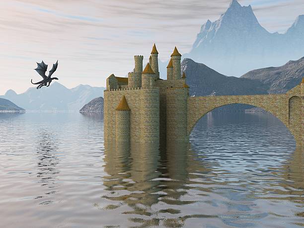istock Of A Castle On The Water And Dragon 596792966