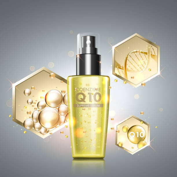 Gold oil serum skincare treatment Gold oil serum skincare treatment. Honeycomb elements with precious oil, coenzyme Q10 and DNA helix across cosmetic bottle. Anti-aging treatment solution on premium background person oxygen tank stock illustrations