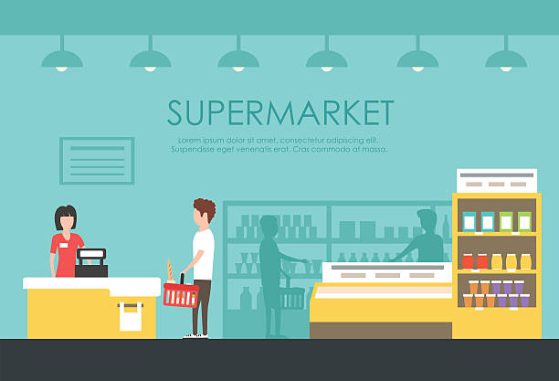 People in supermarket. Vector flat illustration. Grocery store People in supermarket. Vector flat illustration. People shopping. Indoor market. Grocery store grocery store cashier stock illustrations