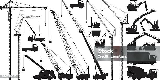 Highly Detailed Construction Silhouettes Stock Illustration - Download Image Now - Crane - Machinery, Mobile Crane, Backhoe