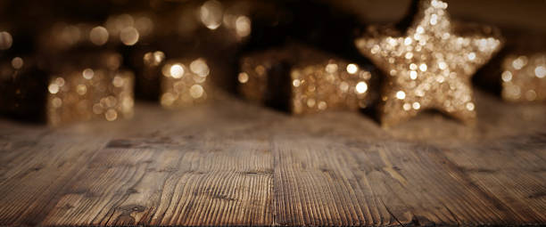 istock Wooden table with christmas background 596794336